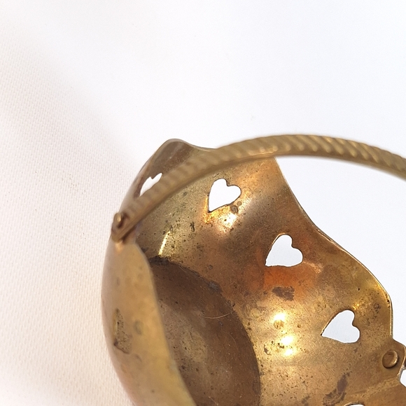 Vintage Indian Brass Basket with Heart Cutouts and Hinged Handle - Picture 3 of 8